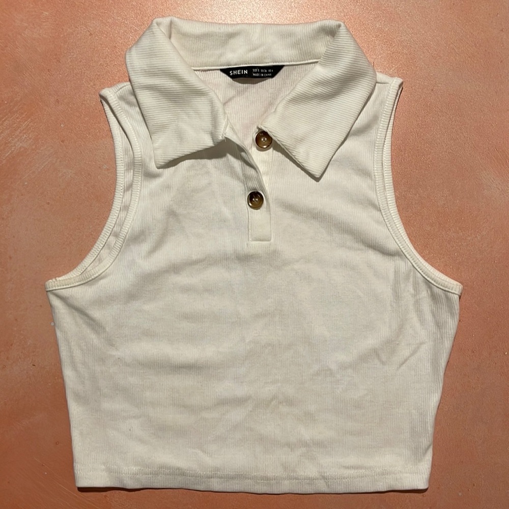 SHEIN Women’s Two Button Cropped White Collared Polo Style Ribbed Tank Top - S